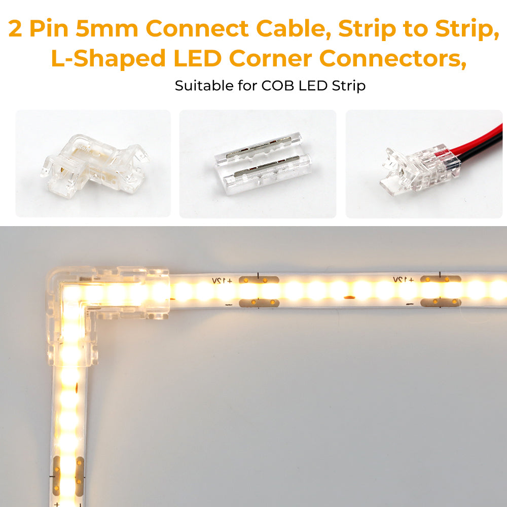 2Pin 5mm 12V Solderless COB LED Strip Connectors Kit( COB mini crystal buckle) With Fast Connectable, Gapless/Splice Connector & L-shaped/Corner Connector
