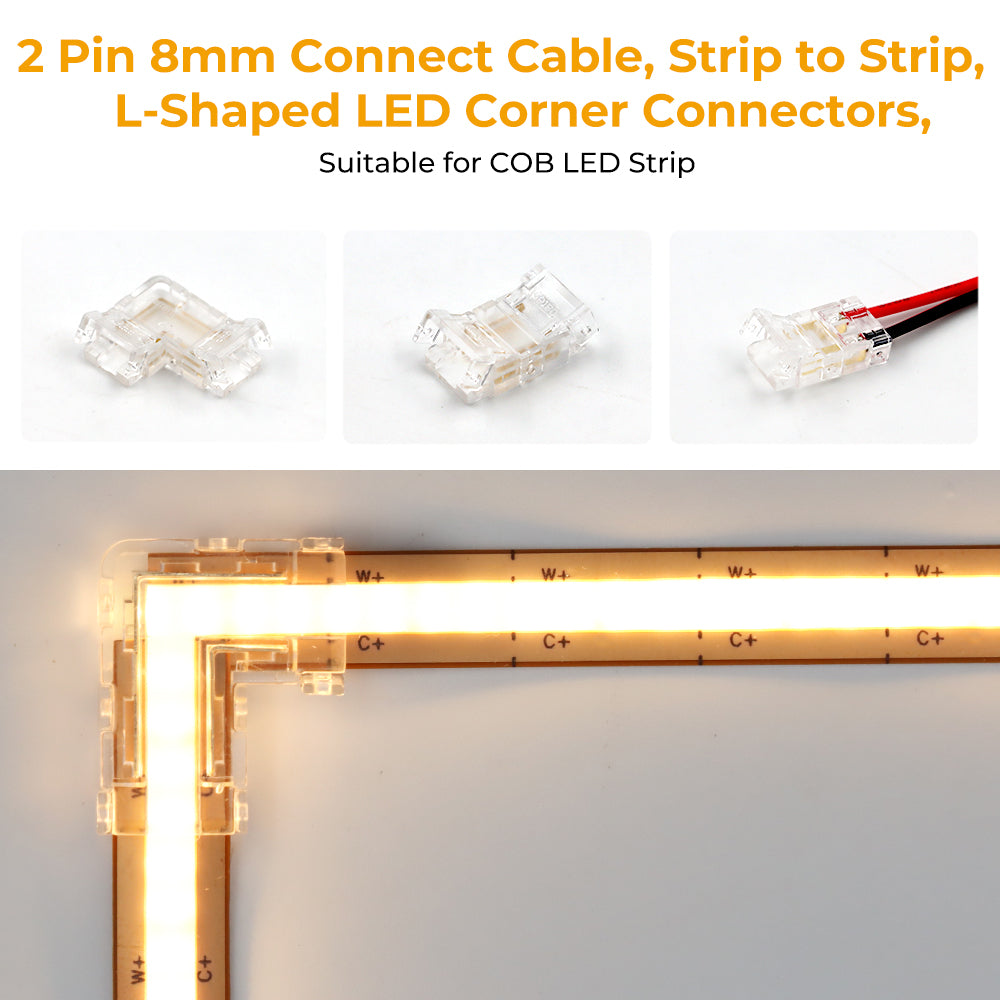 2Pin 8mm 12V Solderless COB LED Strip Connectors Kit( COB mini crystal buckle) With Fast Connectable, Gapless/Splice Connector & L-shaped/Corner Connector