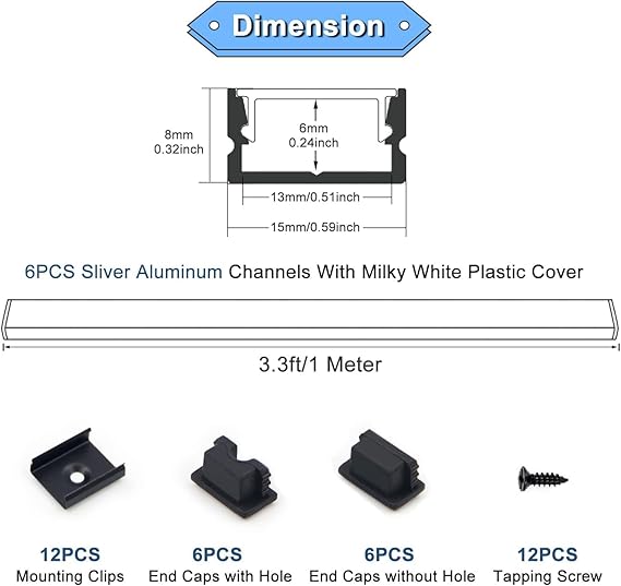 VST AP46 20pack 3.3ft LED Channel, U Shape Led Diffuser Channel, LED Aluminum Channel System with Black Cover, End Caps and Mounting Clips, Aluminum Profile for LED Strip Light Very Easy Installation