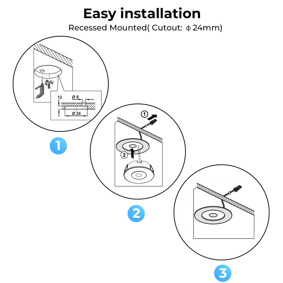 CB31 12V 1W 3000K Mini LED Puck Light Recessed Mounted Panel Light for Closet Bookshelf & Display Cabinet