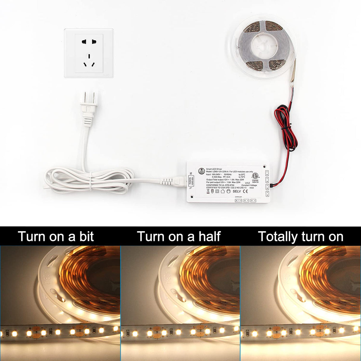 LD68-12V-22W-A Power Supply AC100-240V to 12V DC Converter Constant Voltage LED Power Supply JST Connector Port ETL-Certification, LED Driver for LED Strip Lights