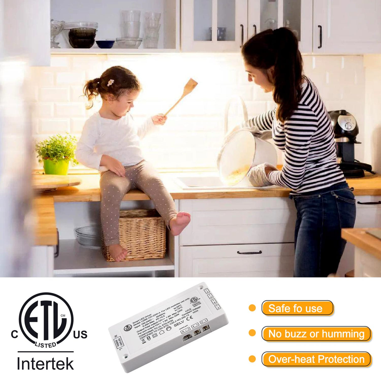 LD68-12V-22W-A Power Supply AC100-240V to 12V DC Converter Constant Voltage LED Power Supply JST Connector Port ETL-Certification, LED Driver for LED Strip Lights