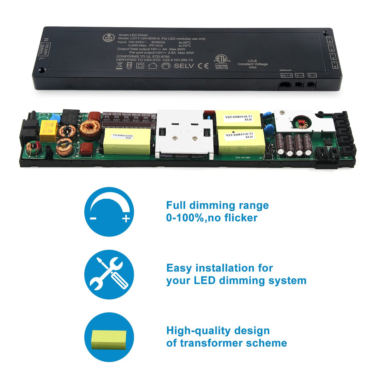 LD71 12V 60W Power Supply Converter Constant Voltage LED Power Supply JST Connector Port, LED Driver for LED Strip Lights