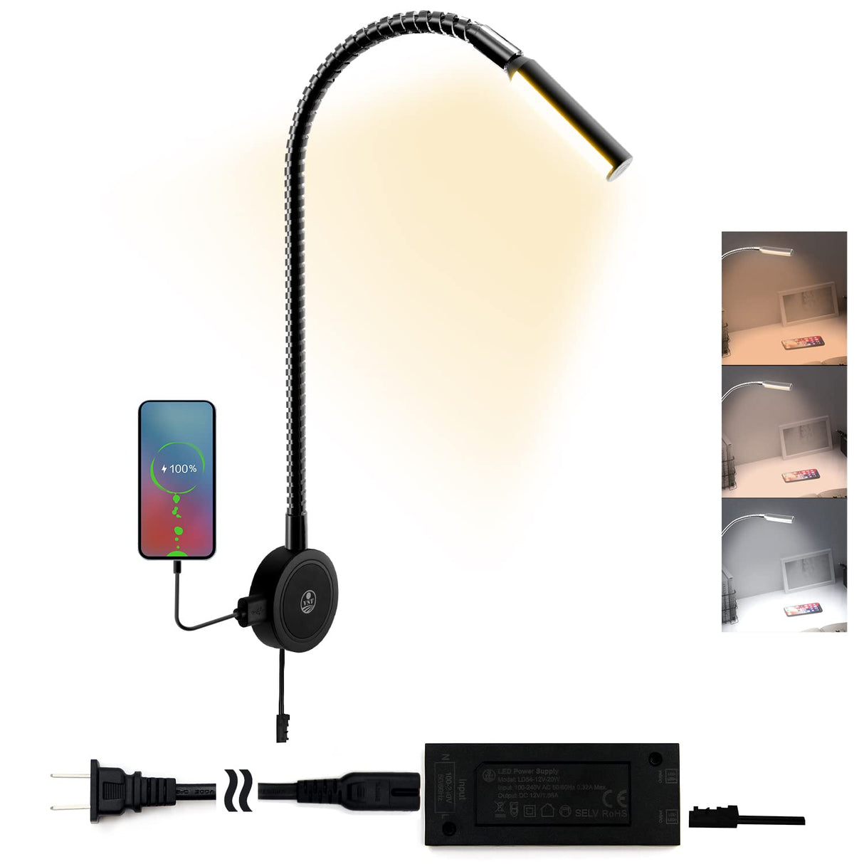 RL18 12V LED Reading Light, 14.1W with Adjustable CCT 2700K–6500K Wall Mounted Book Light with USB Charging Port for Bedrooms, Hotels