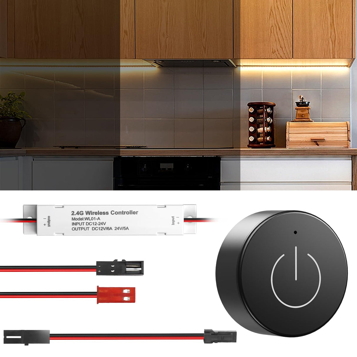 TS14 DC12V/24V Wireless Dimmer and WiFi 2.4G Receiver Kit with 2pin JST port connector , Recessed Mounted 1m JST Ports Controller for LED Lights in Under Cabinet Counters, Closets and Wardrobes