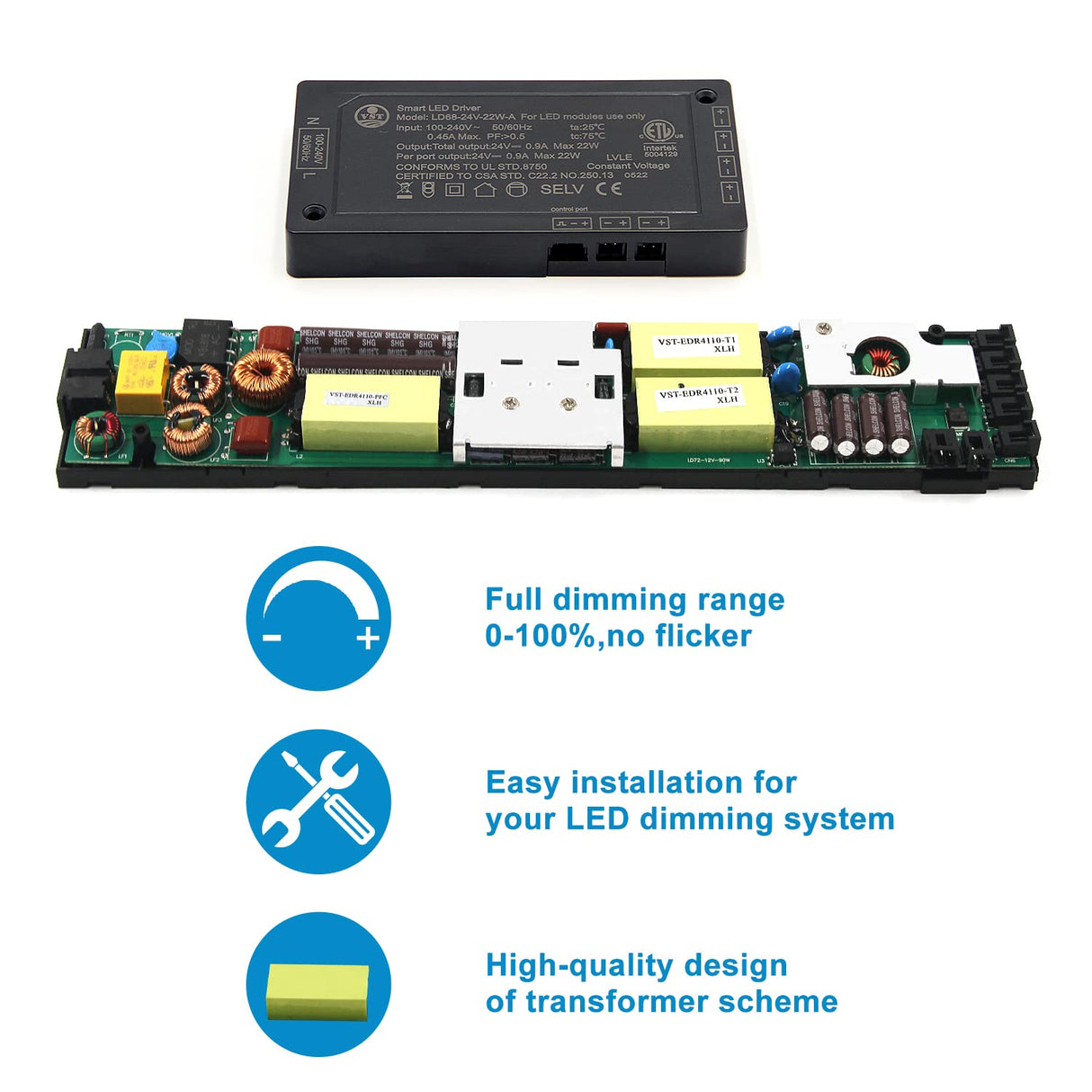 LD68 24V 22W Power Supply Constant Voltage LED Power Supply JST Connector Port, LED Driver for LED Strip Lights
