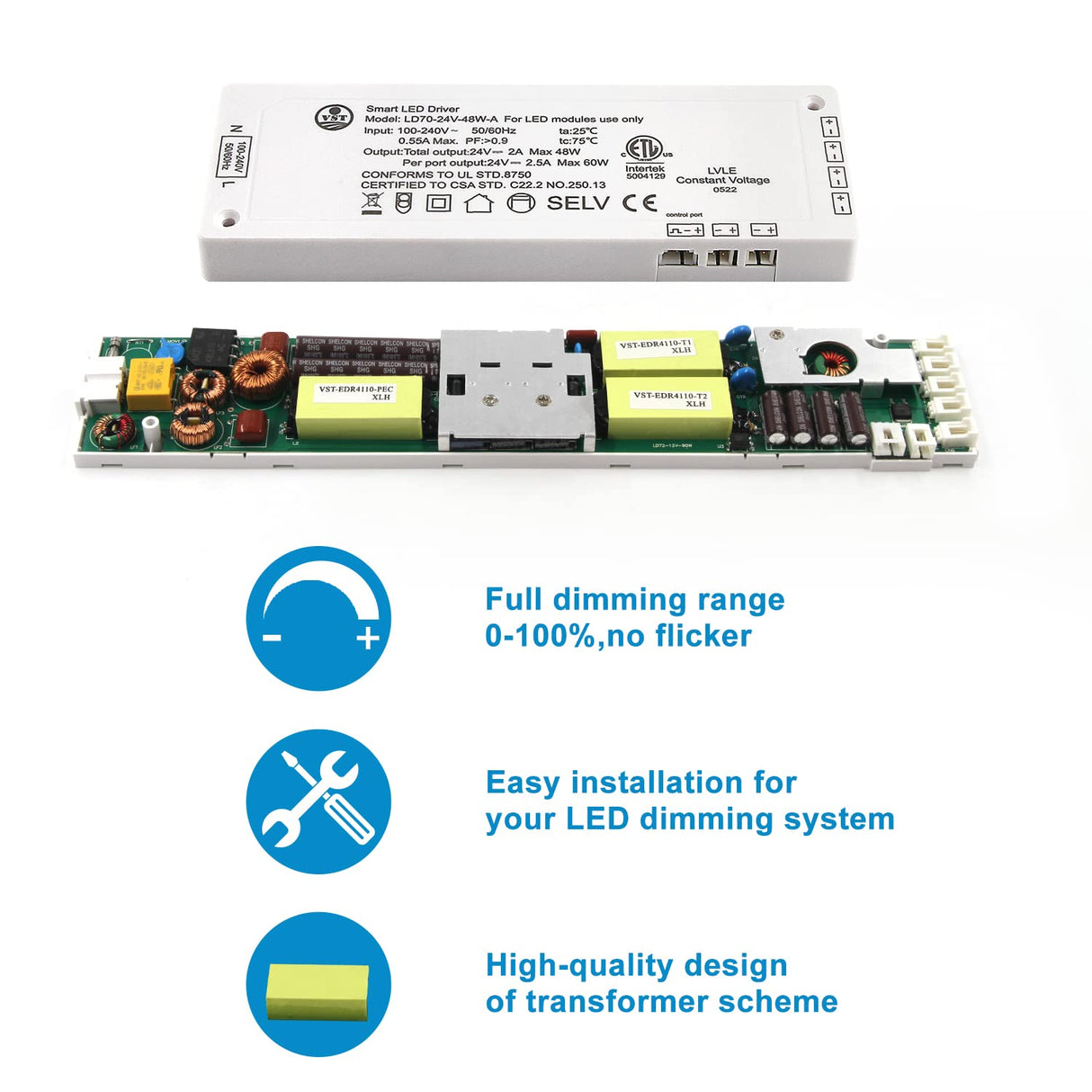 LD70 24V 48W Power Supply Converter Constant Voltage LED Power Supply JST Connector Port, LED Driver for LED Strip Lights