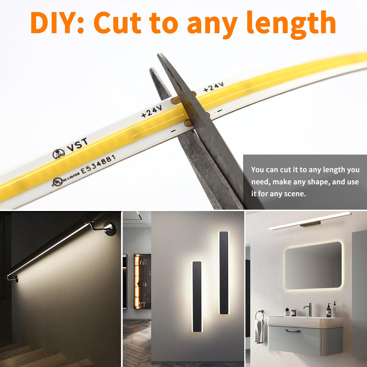 FB07 8mm Cuttable COB LED Strip Light 12V 9.6W/m UL Listed Light Strips 4000K CRI 90+ for Kitchen and Wardrobe
