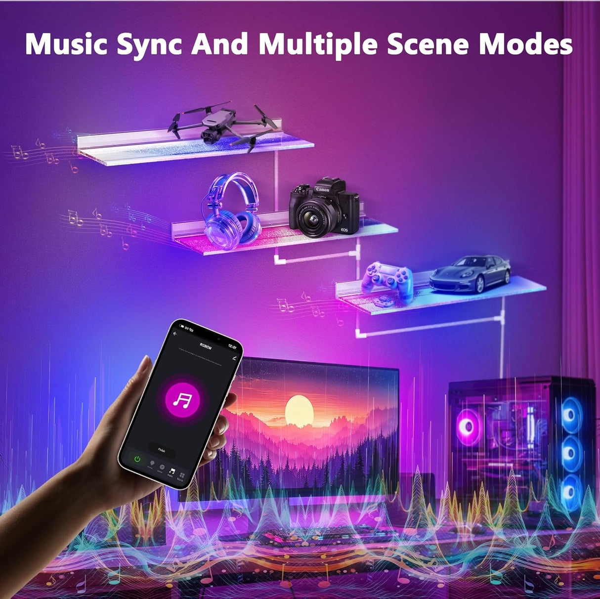 SL06 Modern Acrylic LED Wall-Mounted Bar Shelves, 3-Pack RGB Backlit Floating Liquor & Wine Display with Aluminum Profile Frame | APP/Voice Control Mood Lighting for Home Bar & Game Room