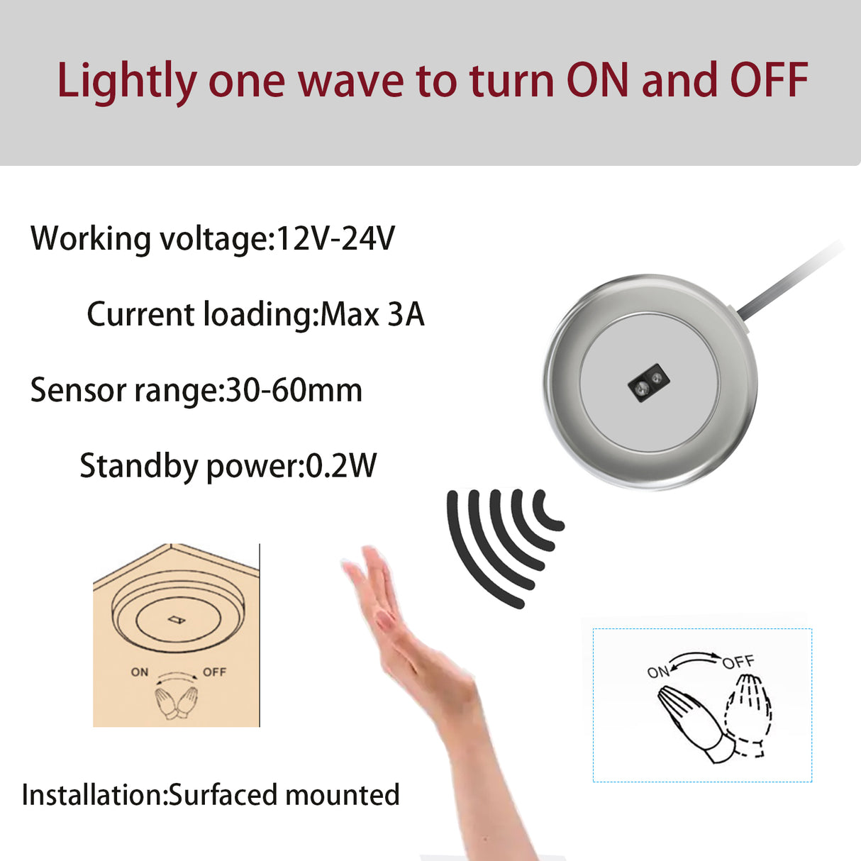 IH03 Handwave Sensor Switch – Surface Mounted, Handwave Control, Ideal for Bathroom Mirrors or Kitchen Counters