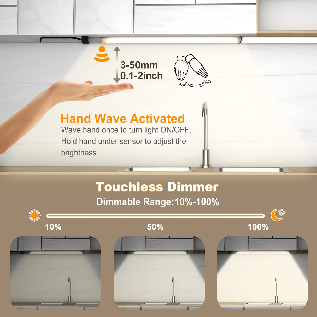 HS07 Motion Sensor Light Indoor, Under Cabinet Lights Plug in, Closet Lights, Stepless Dimming, Hand Wave Activated for Kitchen Shelf Cupboard Closet Workbench (12 in 4000K)