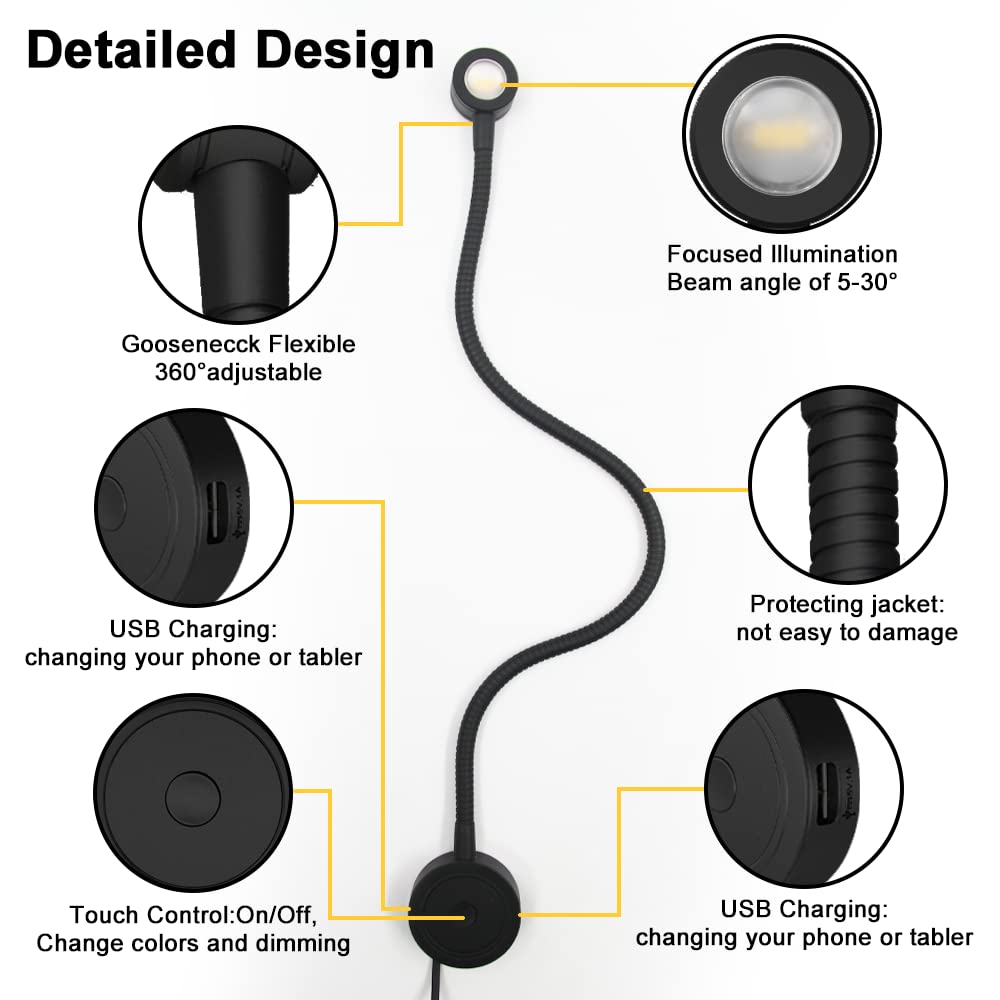 RL11 12V LED Reading Light 13W with 3000K Warm White, Wall Mounted Book Light with USB Charging Port for Bedrooms, Offices, Dormitories & Hotels(2 Packs)