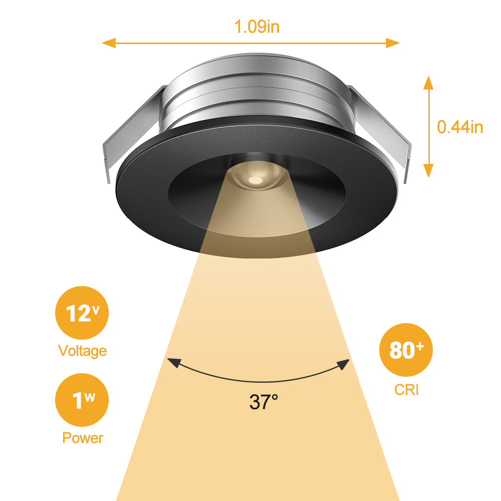 CB31 12V 1W 3000K Mini LED Puck Light Recessed Mounted Panel Light for Closet Bookshelf & Display Cabinet