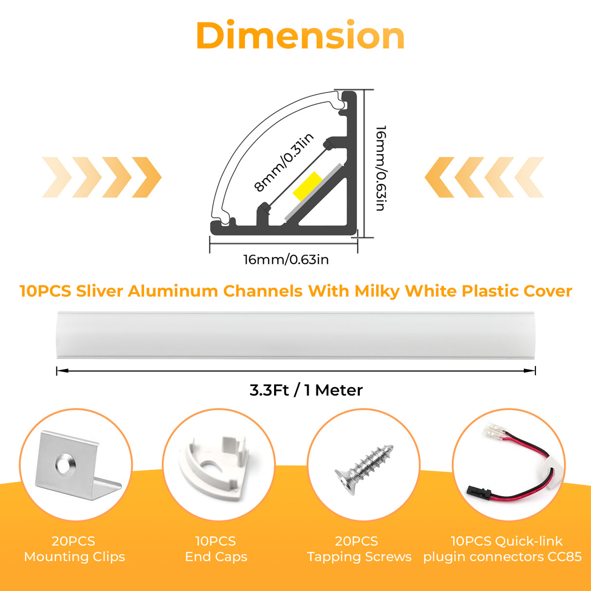APC7 LED Aluminum Profile 10 Packs 3.3ft with Milky PC Covers and 10 Quick-Link Plugin Connectors for Mini Cut/Free Cut 8mm PCB Width LED Strip Light Cabinet Lighting