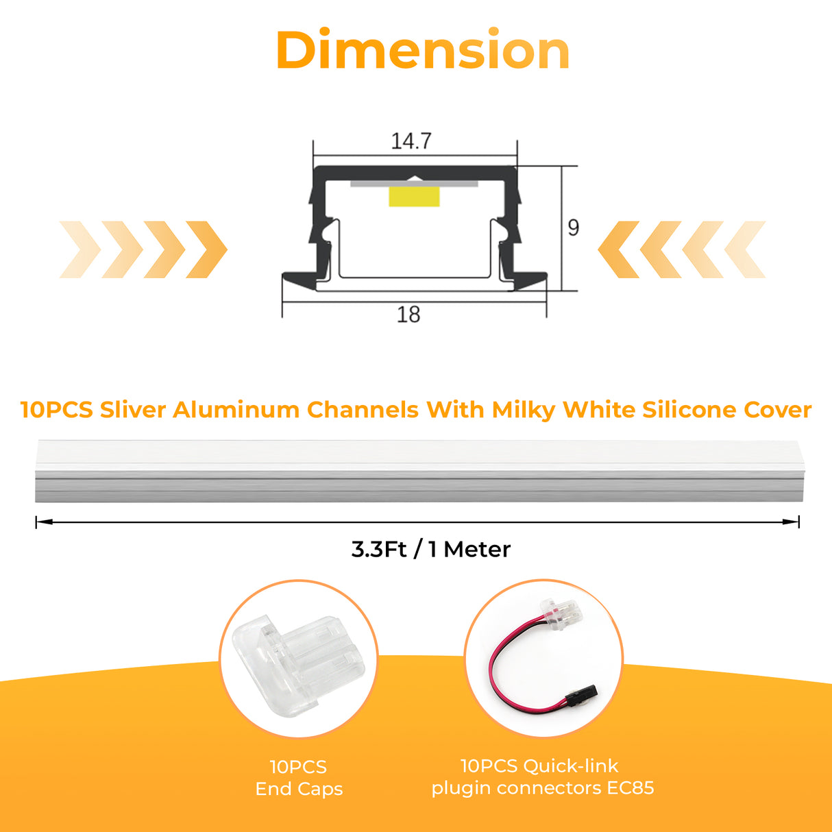 APE1 LED Aluminum Profile 10 Packs 3.3ft with Silicone Covers and 10 Quick-Link Plugin Connectors for Mini Cut/Free Cut 8mm PCB Width LED Strip Light Cabinet Lightings