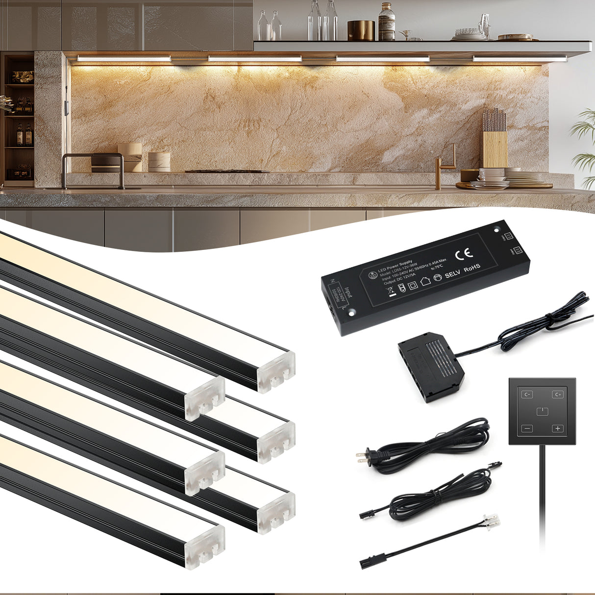 APE2 Under Cabinet LED Lighting Kit, Touch Control CCT 2700K-6500K Linear Light Bars, UL Listed Ra90+, Linkable Cabinet Lights for Kitchen Counter, Desk, Shelf & Reading Table(Black)