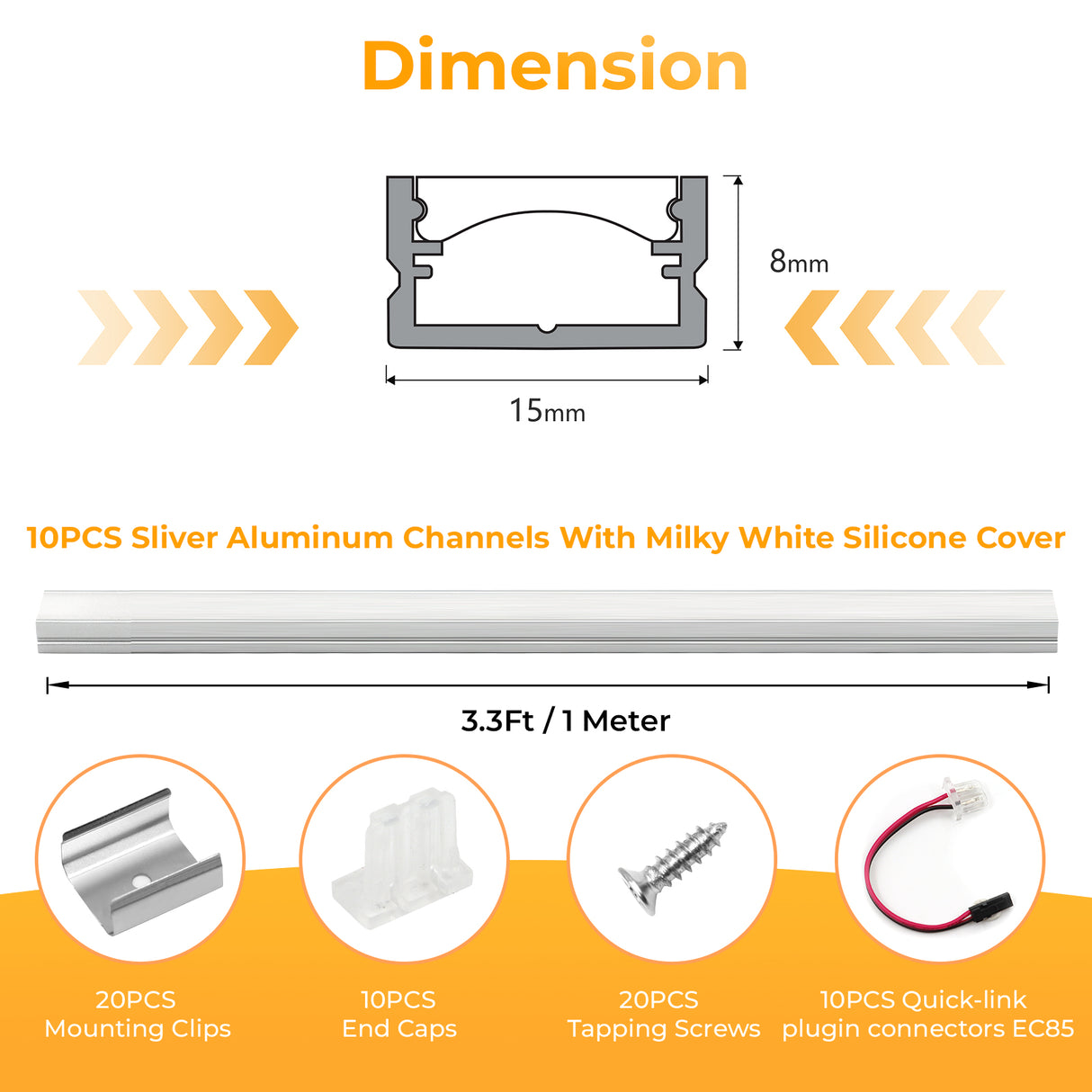 APE2 LED Aluminum Profile 10 Packs 3.3ft with Silicone Covers and 10 Quick-Link Plugin Connectors for Mini Cut/Free Cut 8mm PCB Width LED Strip Light Cabinet Lighting