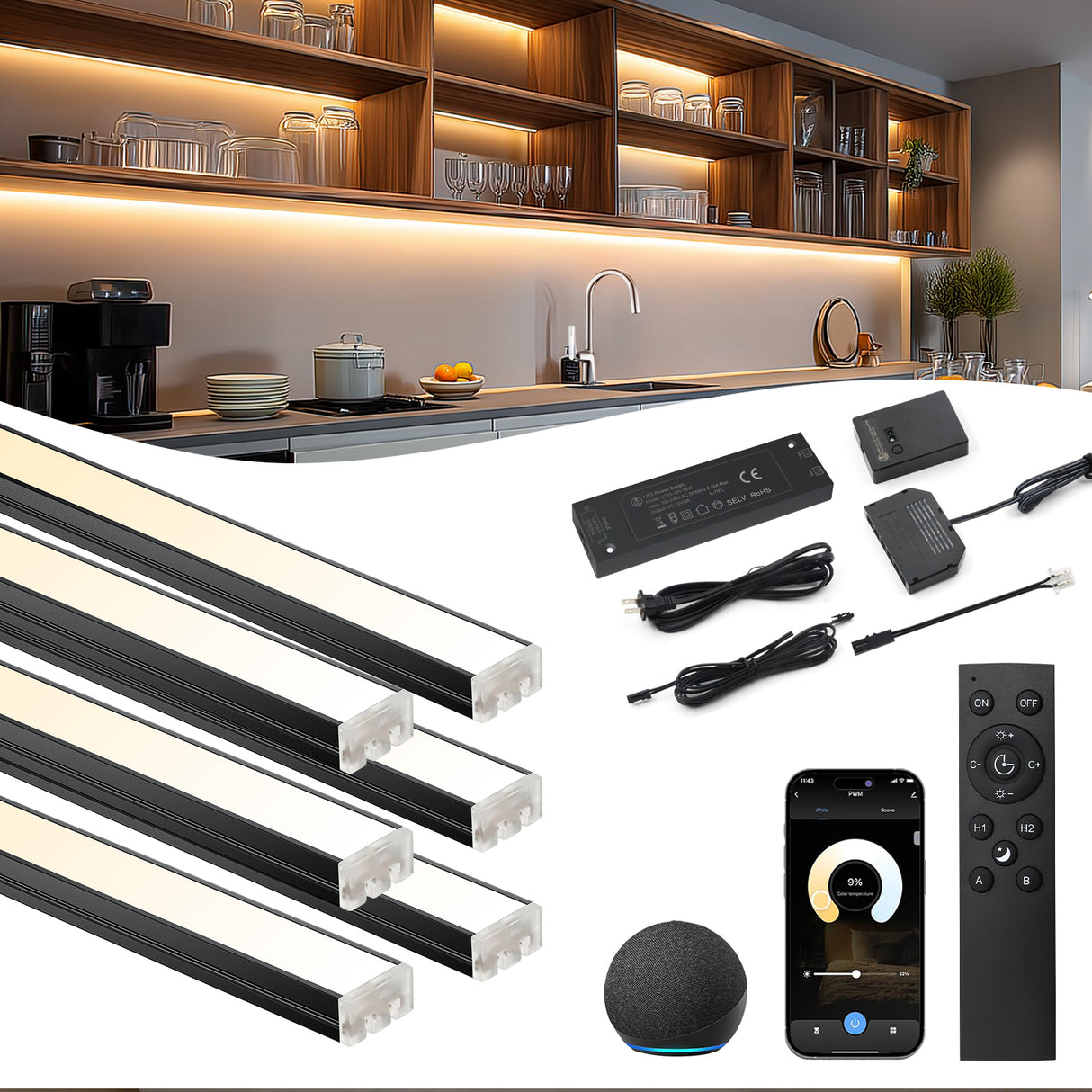 APE2 12V Under Cabinet LED Light Bars, 2700K-6500K CCT Tunable White, Smart Control With Tuya App, Hand Wave Sensor, Remote & Voice Control for Kitchen Counter, Bookshelf, Wardrobe(Black)