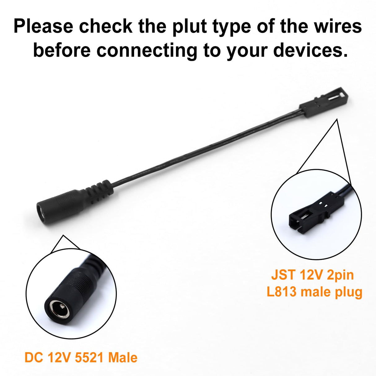 Black Adapter Cable 3 Pack Female Plug and JST 2 Pin L815 Female Plug for Connection LED strip lights and Led driver with DC plug