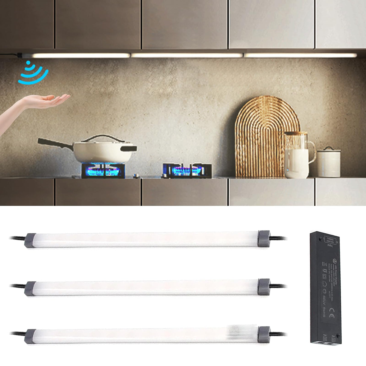 HS07 Motion Sensor Light Indoor, Under Cabinet Lights Plug in, Closet Lights, Stepless Dimming, Hand Wave Activated for Kitchen Shelf Cupboard Closet Workbench (12 in 4000K)