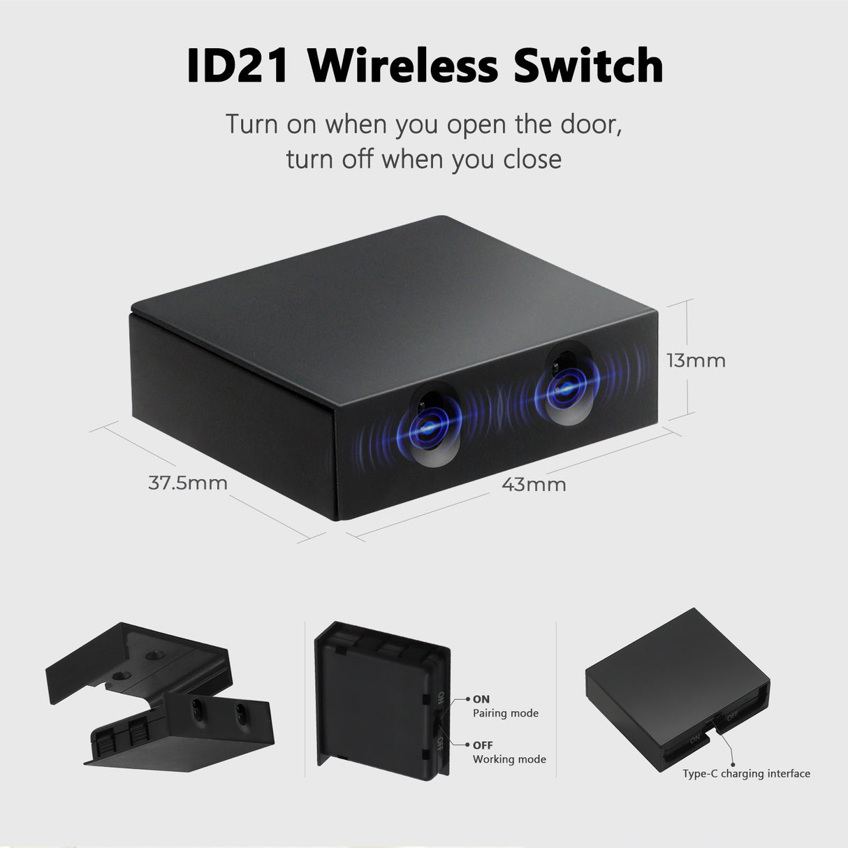 ID21 Wireless Double Door Sensor Switch – Surface/Recessed Mounted, Brightness Adjustable, Double Door Activated, for Dual-Door Wardrobes or Kitchen Cabinets