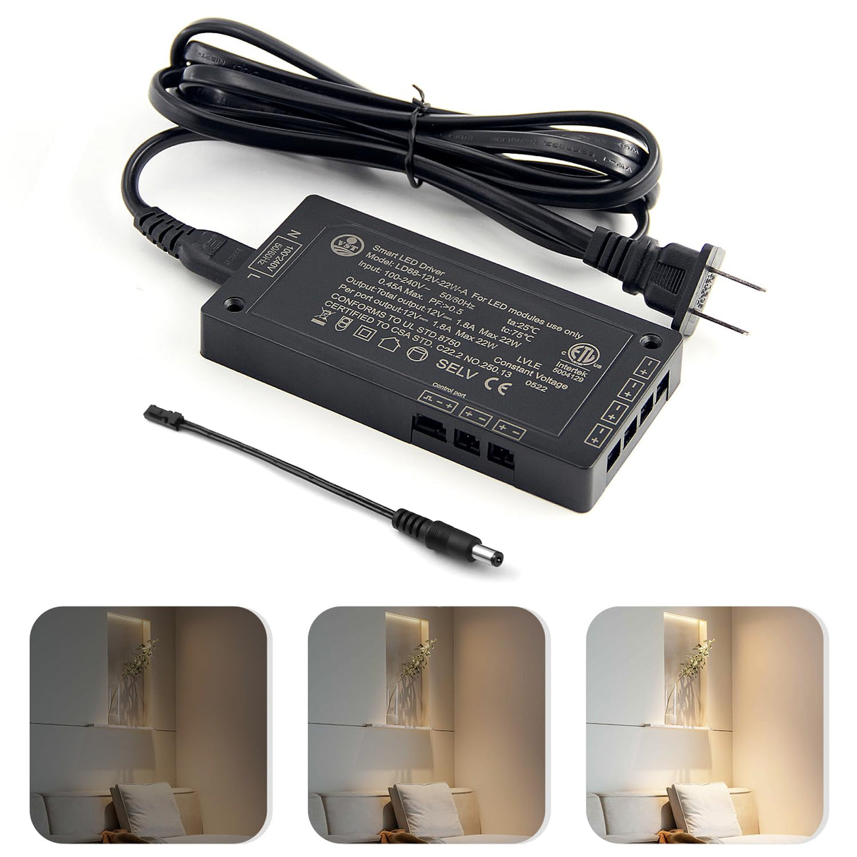 LD68 12V 22W Power Supply AC100-240V to 12V DC Converter Constant Voltage LED Power Supply JST Connector Port ETL-Certification, LED Driver for LED Strip Lights