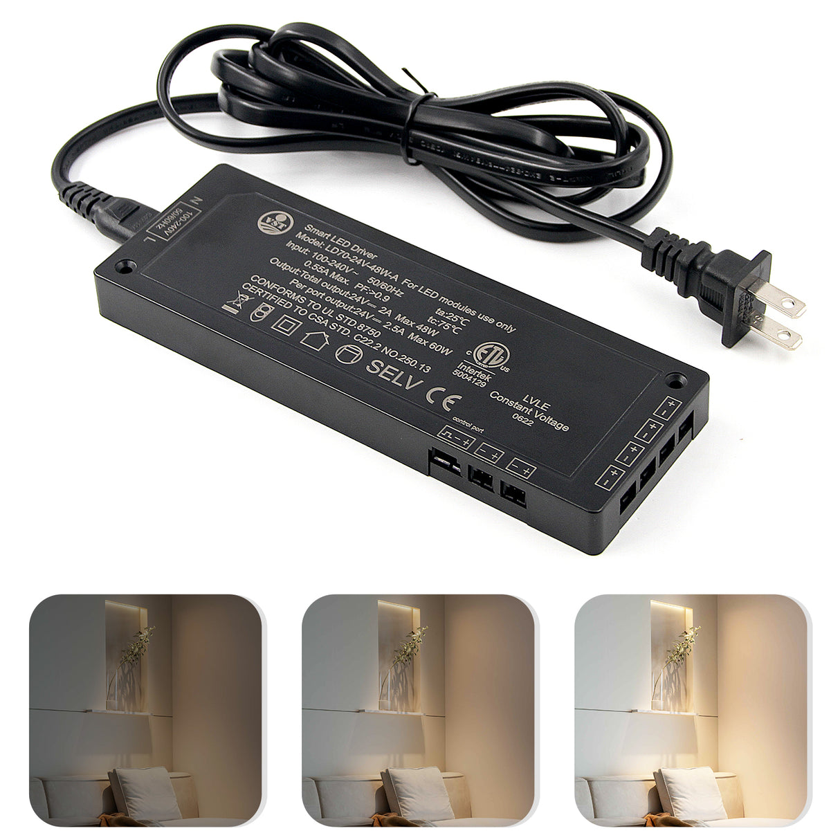 24V Black LED Driver, Dimmable,with 5.9ft Removable AC Cord & JST connecter Port