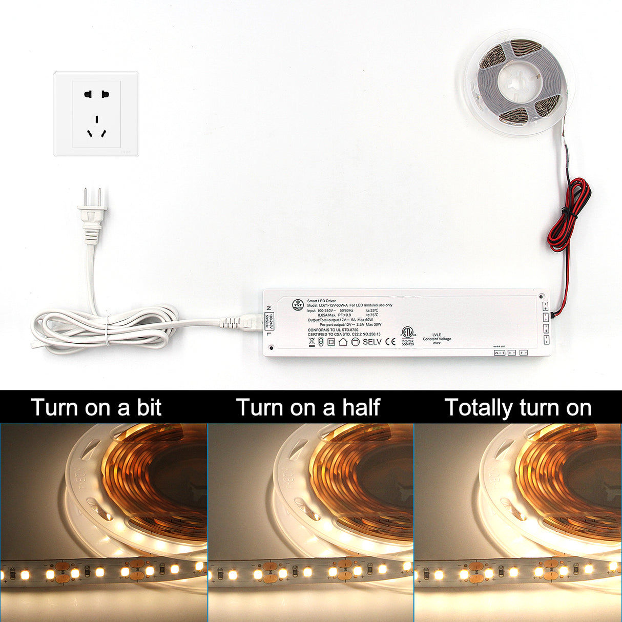 24V Black LED Driver, Dimmable,with 5.9ft Removable AC Cord & JST connecter Port