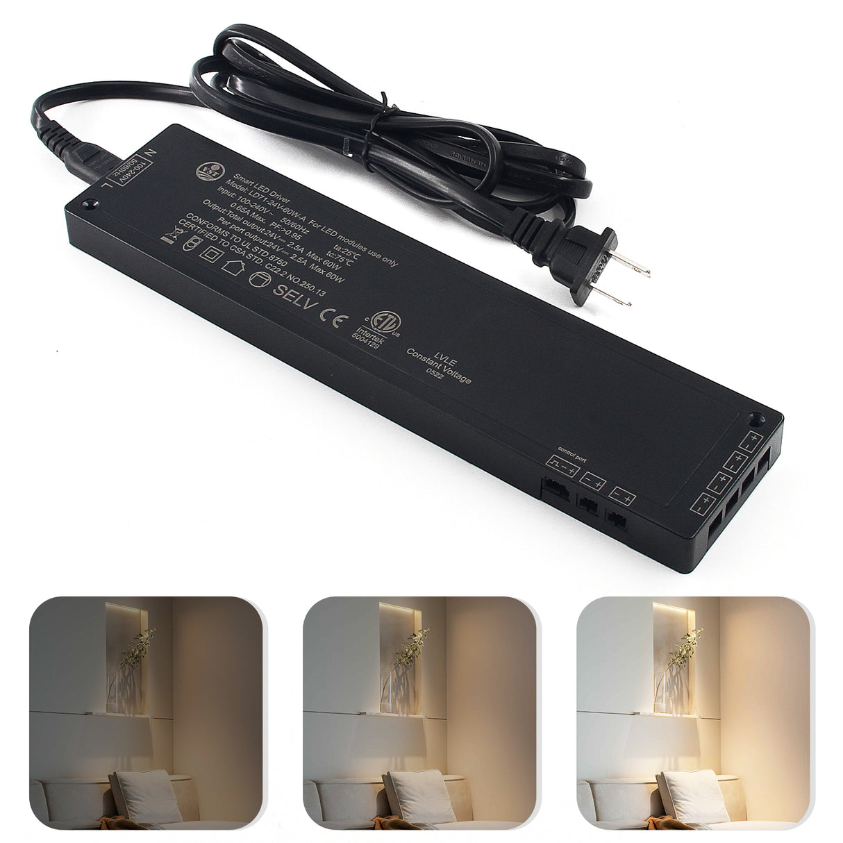 24V Black LED Driver, Dimmable,with 5.9ft Removable AC Cord & JST connecter Port