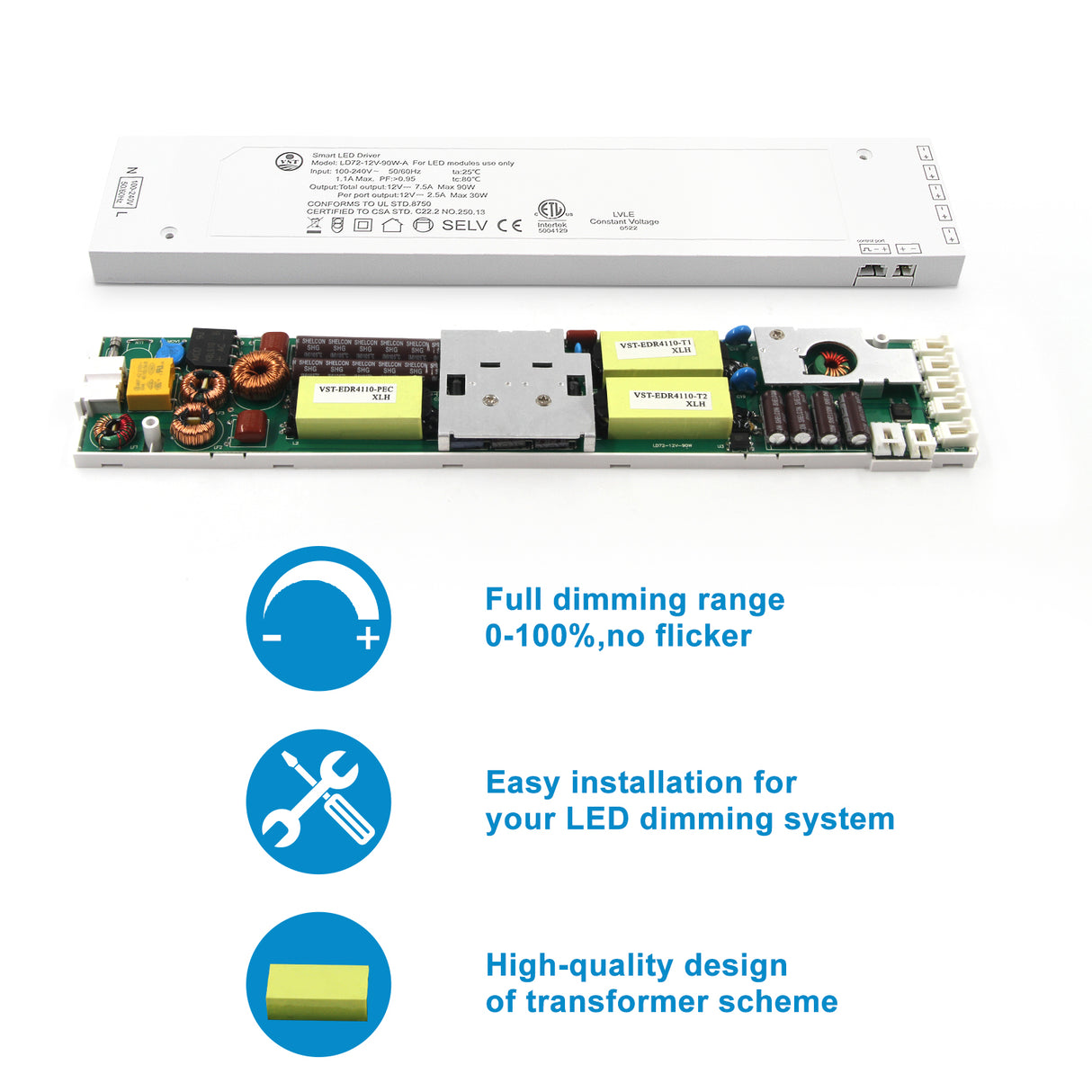 24V White LED Driver Dimmable,with 5.9ft Removable AC Cord & JST connecter Port,White