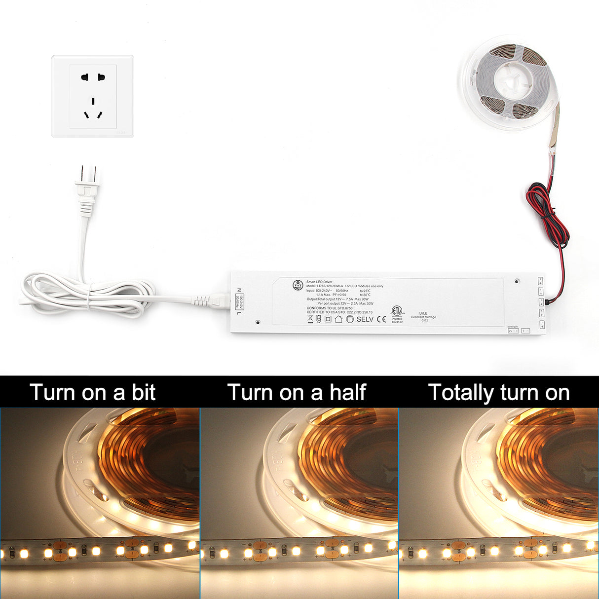 24V White LED Driver Dimmable,with 5.9ft Removable AC Cord & JST connecter Port,White