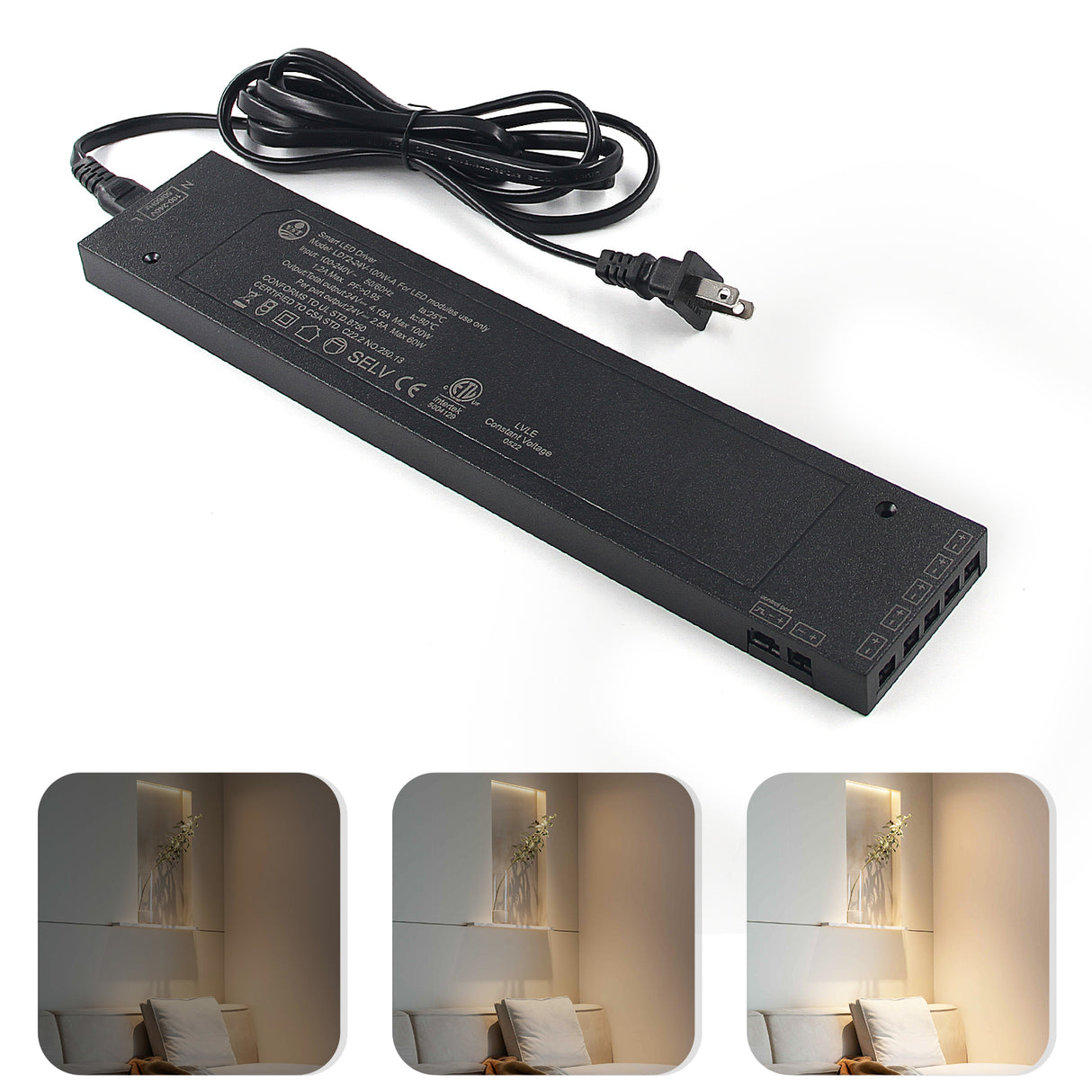 24V Black LED Driver, Dimmable,with 5.9ft Removable AC Cord & JST connecter Port