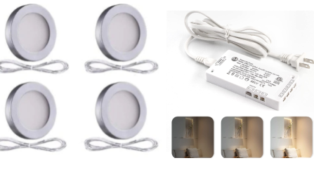 4 PCS PL05 12V 1.8W Silver Cabinet Puck Lights With White LD68 12V 22W Driver