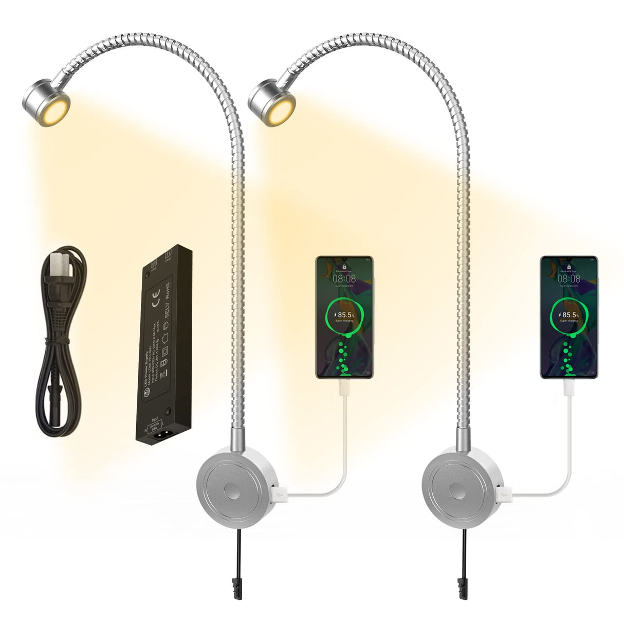 RL11 12V LED Reading Light 13W with 3000K Warm White, Wall Mounted Book Light with USB Charging Port for Bedrooms, Offices, Dormitories & Hotels(2 Packs)