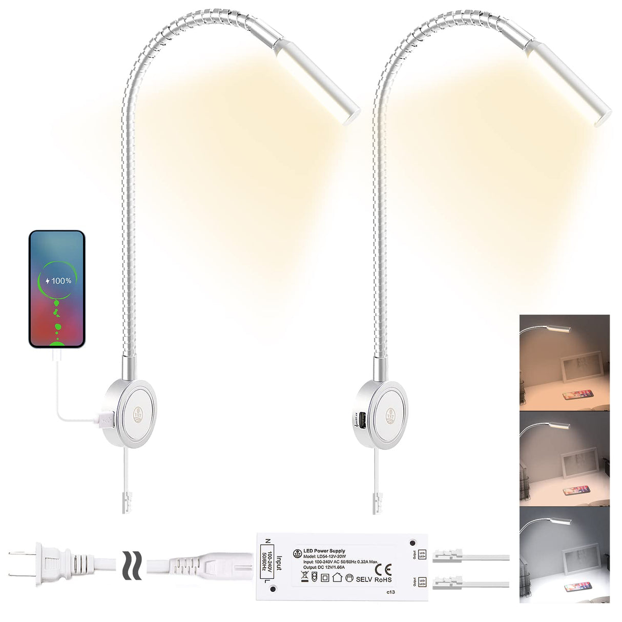 RL18 12V LED Reading Light, 14.1W with Adjustable CCT 2700K–6500K Wall Mounted Book Light with USB Charging Port for Bedrooms, Hotels