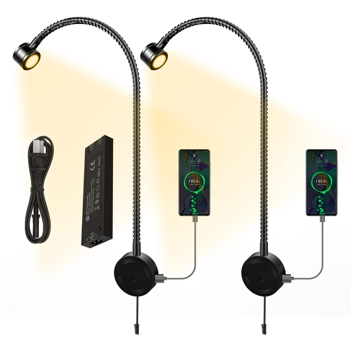 RL11 12V LED Reading Light 13W with 3000K Warm White, Wall Mounted Book Light with USB Charging Port for Bedrooms, Offices, Dormitories & Hotels(2 Packs)