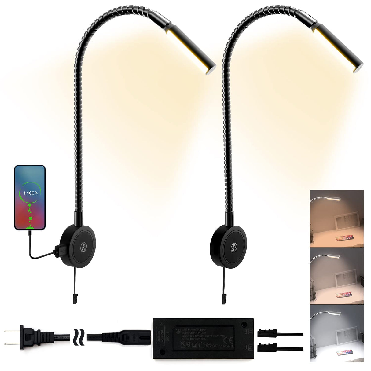 RL18 12V LED Reading Light, 14.1W with Adjustable CCT 2700K–6500K Wall Mounted Book Light with USB Charging Port for Bedrooms, Hotels