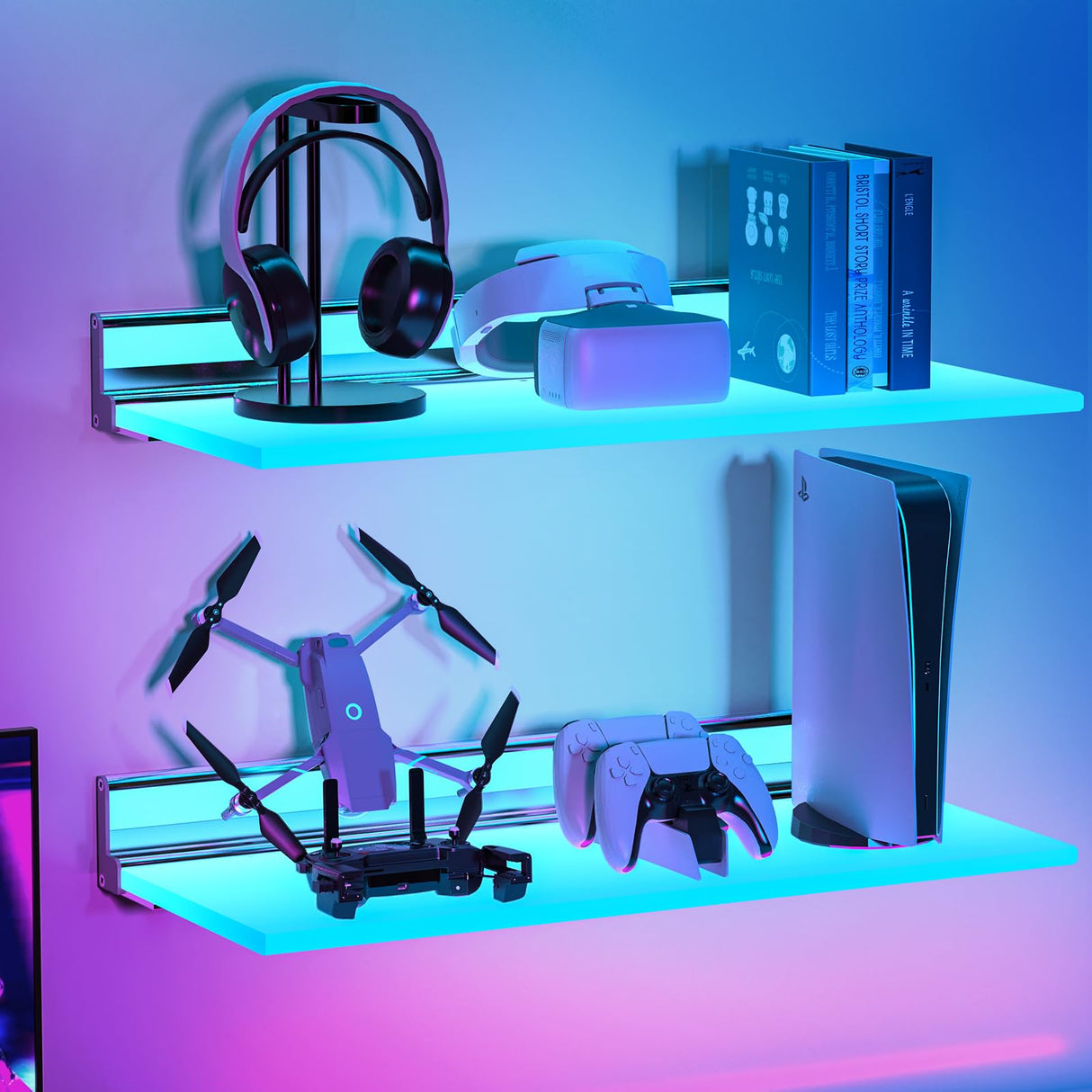 SL04 Floating Shelves with RGB LED Lights, Smart Wall-Mounted Metal Shelf, Works with Alexa & Google Assistant, App & Handwave Control, for Bedroom Living Room Bathroom, Set of 2