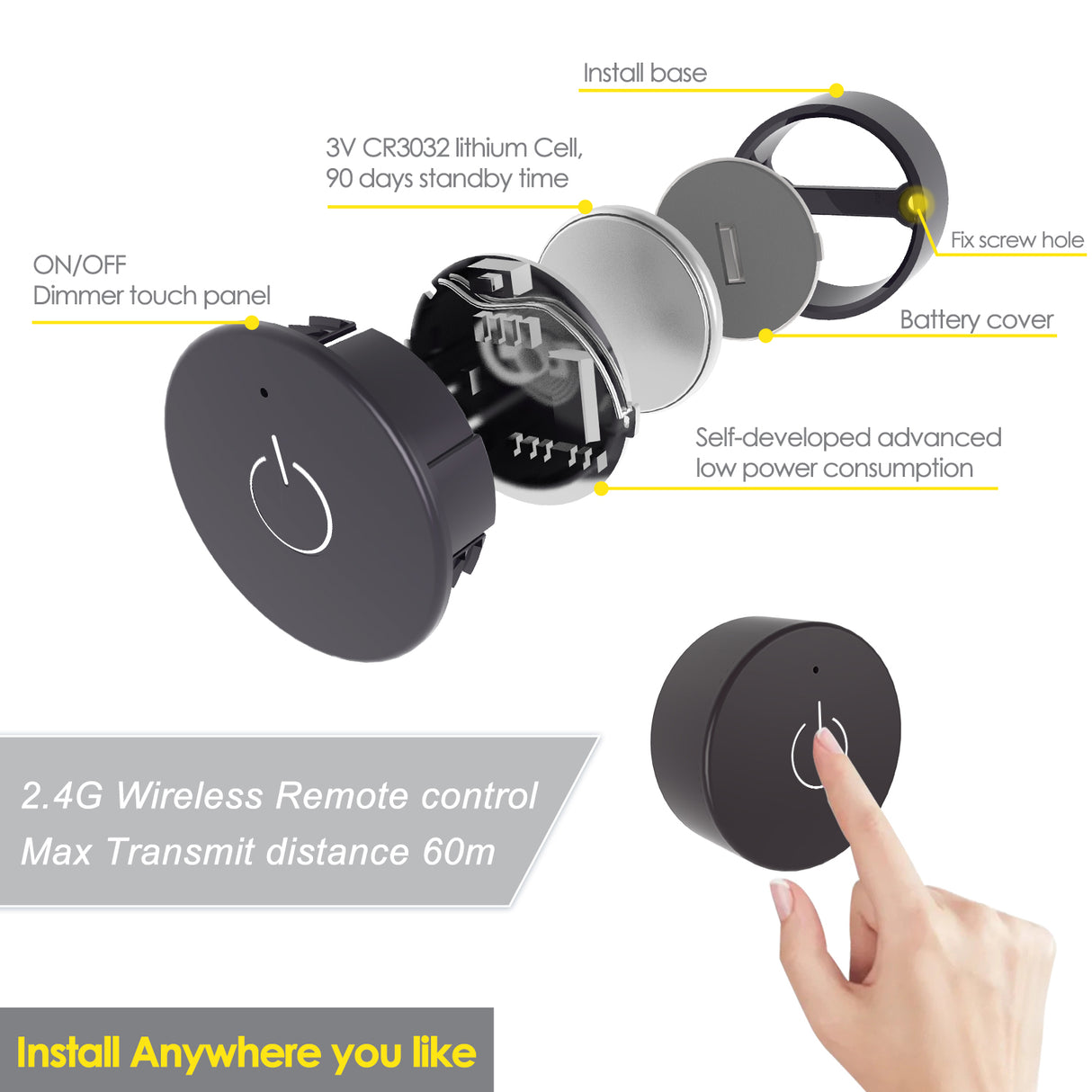 TS14 DC12V/24V Wireless Dimmer and WiFi 2.4G Receiver Kit with 2pin JST port connector , Recessed Mounted 1m JST Ports Controller for LED Lights in Under Cabinet Counters, Closets and Wardrobes