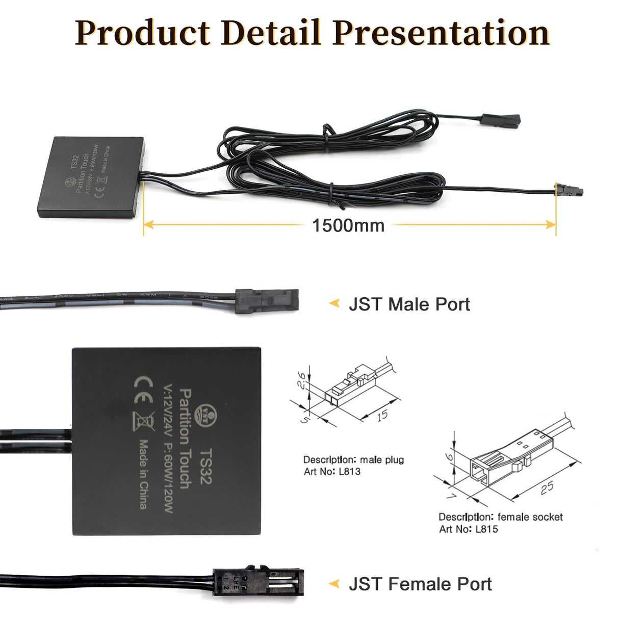 15 PCS TS32 Dimmer Light Switch Concealed Touch Dimmer Switch (DC 12V 5A)