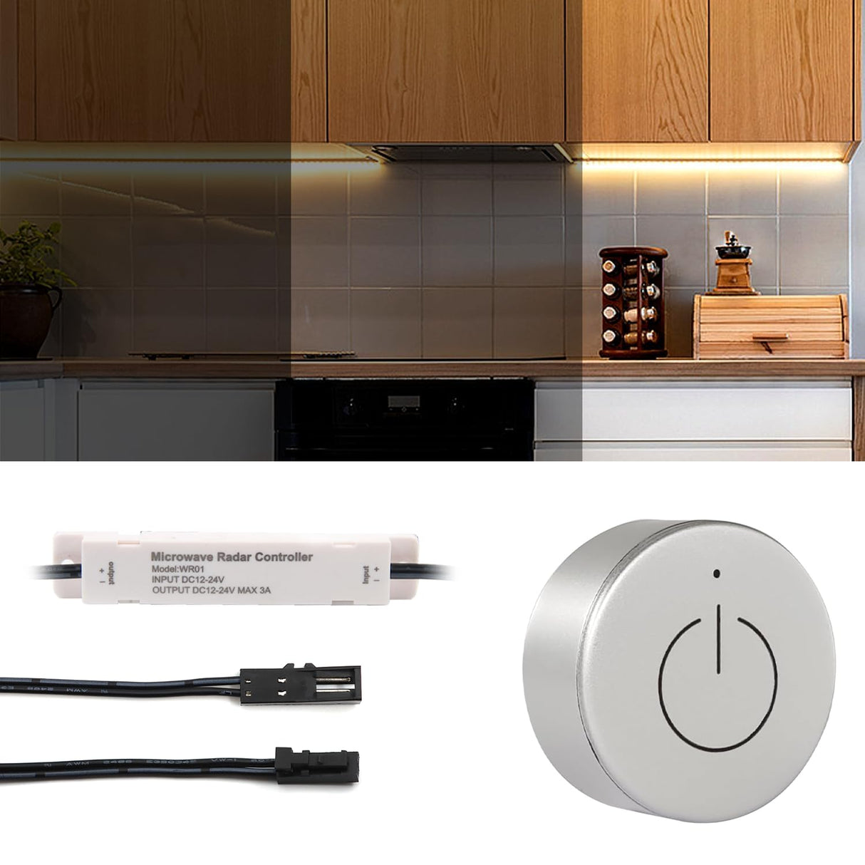 Silver Wireless Dimmer and WiFi 2.4G Receiver Kit with 2pins, DC12V/24V Recessed Mounted 1m JST Ports Controller for LED Lights in Under Cabinet Counters, Closets and Wardrobes