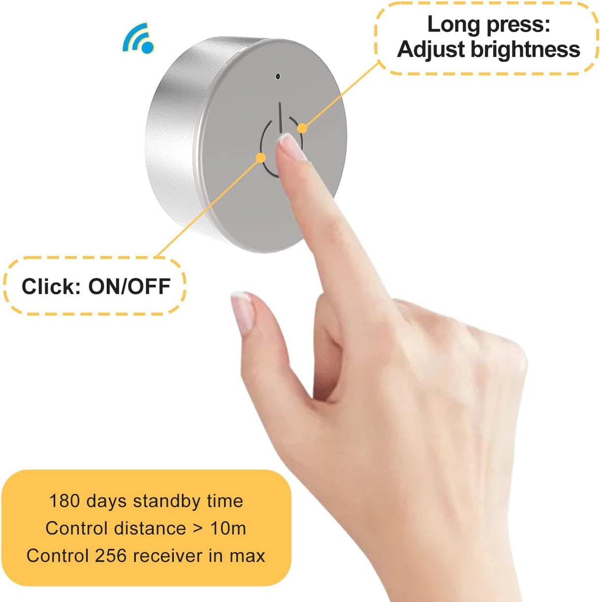 Silver Wireless Dimmer and WiFi 2.4G Receiver Kit with 2pins, DC12V/24V Recessed Mounted 1m JST Ports Controller for LED Lights in Under Cabinet Counters, Closets and Wardrobes