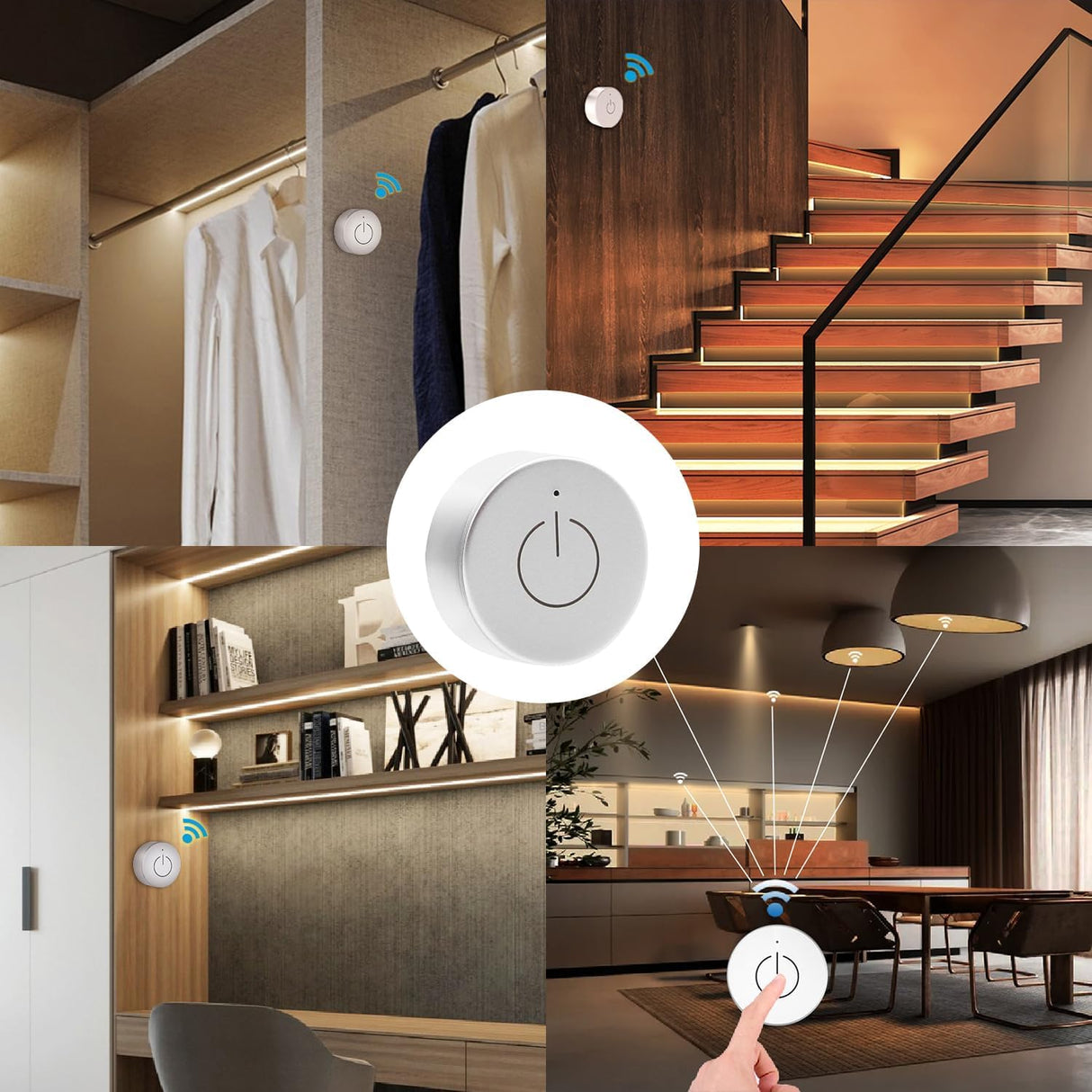 Silver Wireless Dimmer and WiFi 2.4G Receiver Kit with 2pins, DC12V/24V Recessed Mounted 1m JST Ports Controller for LED Lights in Under Cabinet Counters, Closets and Wardrobes