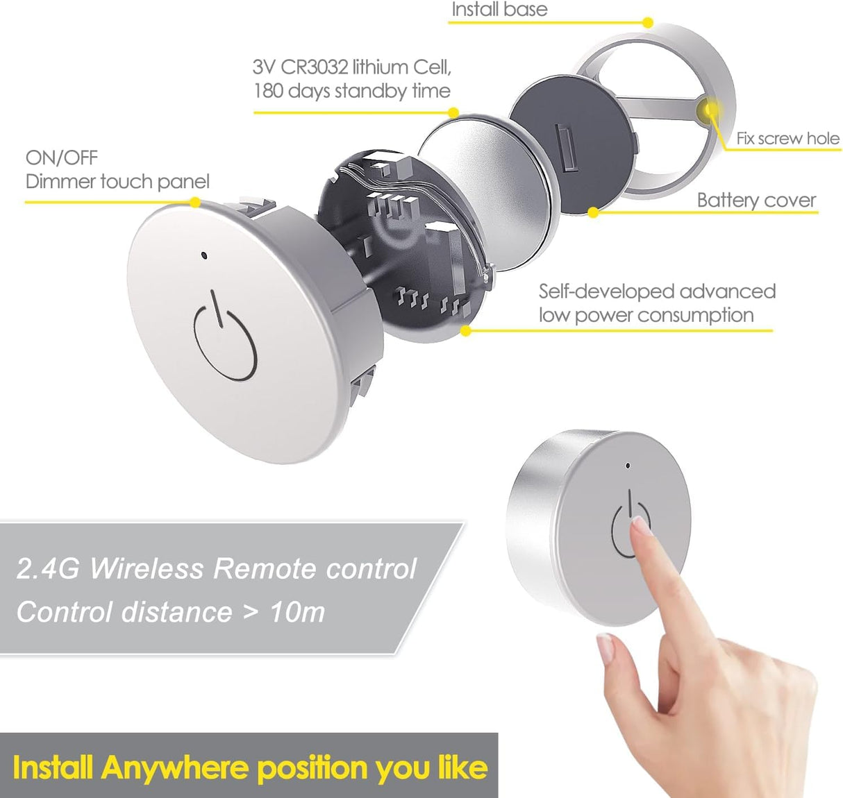 Silver Wireless Dimmer and WiFi 2.4G Receiver Kit with 2pins, DC12V/24V Recessed Mounted 1m JST Ports Controller for LED Lights in Under Cabinet Counters, Closets and Wardrobes