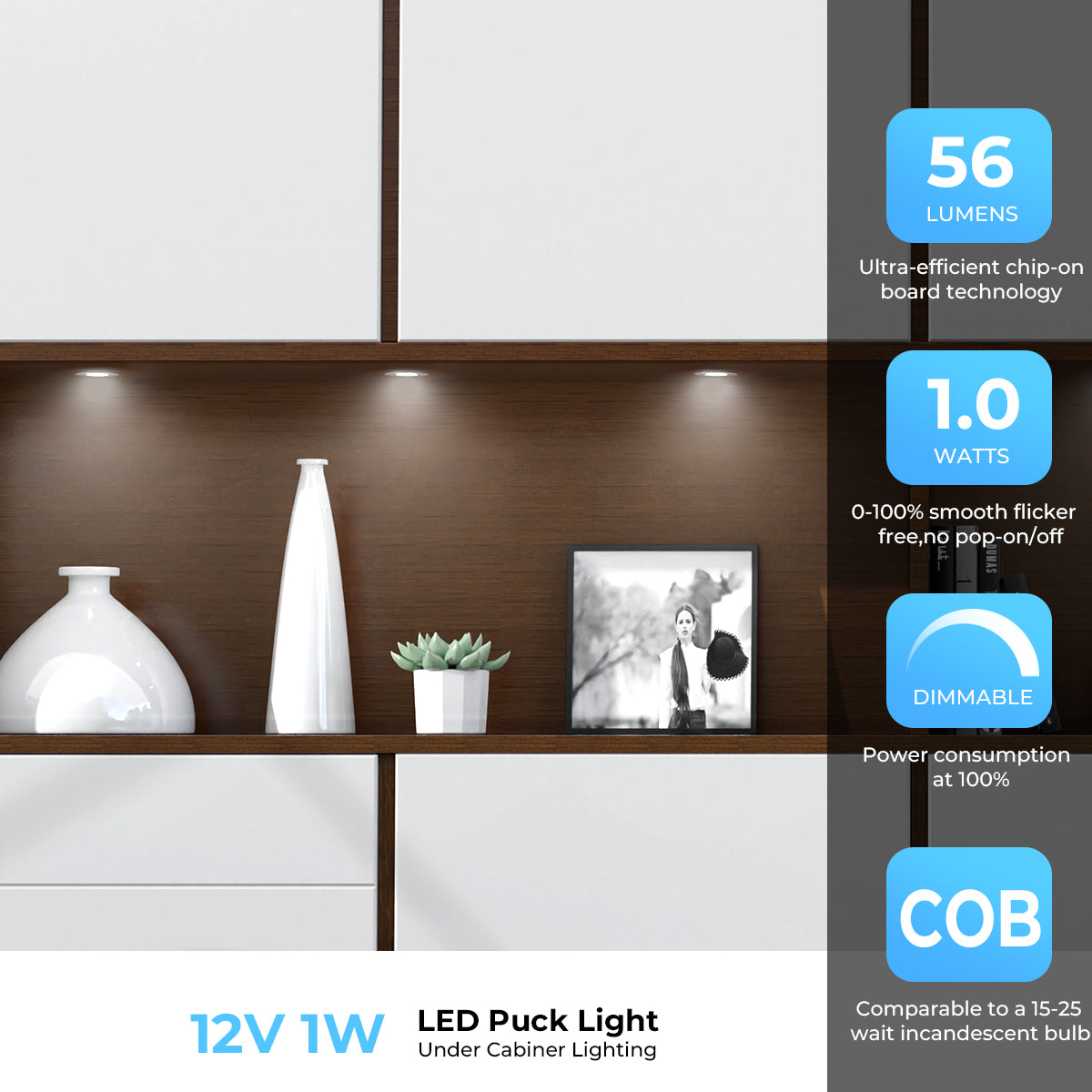 CB31 12V 1W 3000K Mini LED Puck Light Recessed Mounted Panel Light for Closet Bookshelf & Display Cabinet