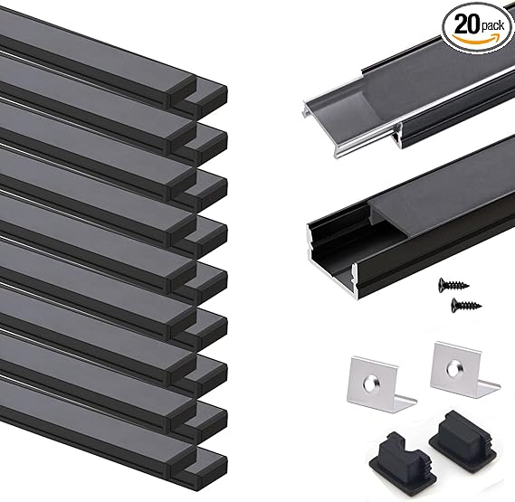 VST AP46 20pack 3.3ft LED Channel, U Shape Led Diffuser Channel, LED Aluminum Channel System with Black Cover, End Caps and Mounting Clips, Aluminum Profile for LED Strip Light Very Easy Installation