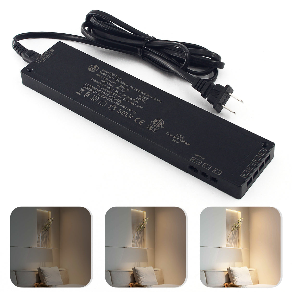 24V Black LED Driver, Dimmable,with 5.9ft Removable AC Cord & JST connecter Port