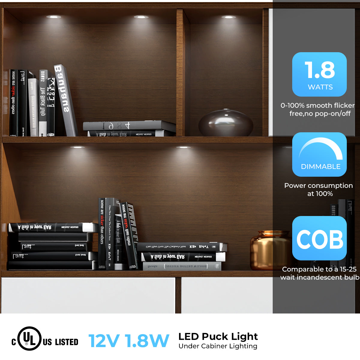 CB10 12V 1.8W Recessed Under cupboard Light Small Puck Lights Cabinet with High CRI for Pantry, Workbench