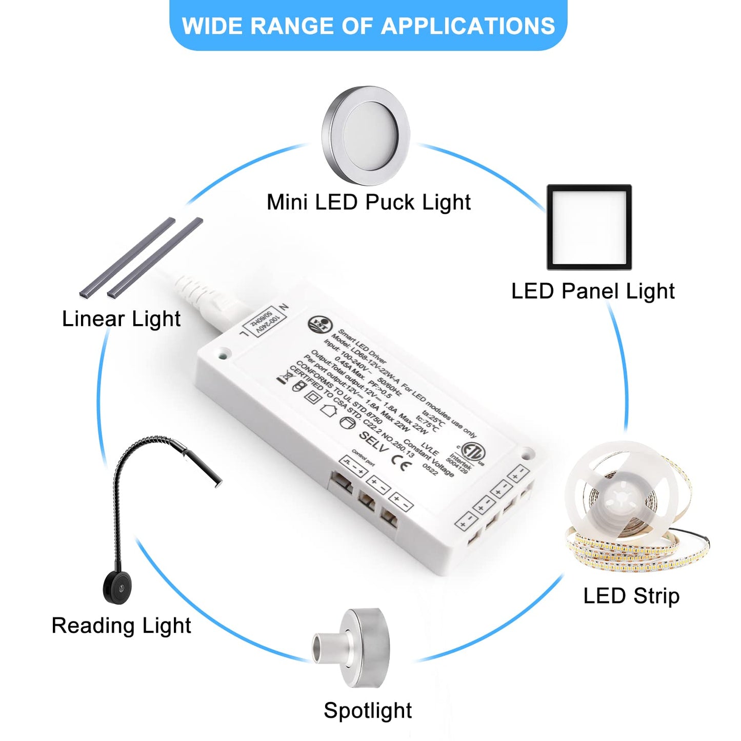 LD68-12V-22W-A Power Supply AC100-240V to 12V DC Converter Constant Voltage LED Power Supply JST Connector Port ETL-Certification, LED Driver for LED Strip Lights