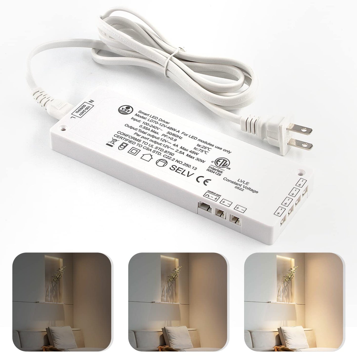 LD70-12V-48W-A Power Supply Constant Voltage LED Power Supply JST Connector Port ETL-Certified, LED Driver for LED Strip Lights